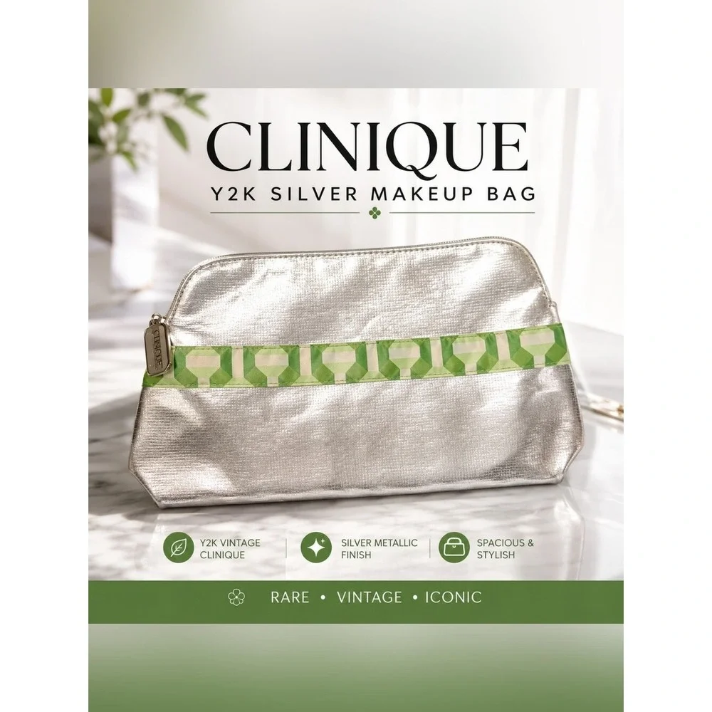 Clinique Y2K Silver Metallic Makeup Bag Cosmetic Pouch Travel Case